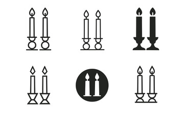 Candle Centerpiece Logos. Candle centerpiece. Icon set. Set Logo of Candle centerpiece: pair of taper candles in minimalist holders. harmonious logo variations