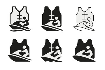Fototapeta premium Jet Ski Logo Designs. Jet skiing. Icon set. Set Logo of Jet skiing: life jacket emblem. harmonious logo variations of the same emblematic concept, each with