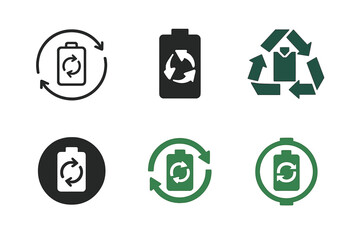 Sustainable Battery Logos. Sustainable battery recycling. Icon set. Set Logo of sustainable battery recycling: battery with recycling arrows. harmonious logo