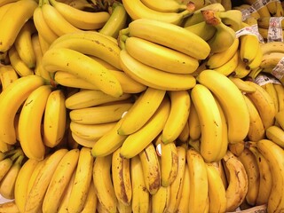 Bananes jaunes fraîches empilées en étal de supermarché