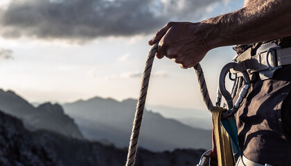 Close up of a climber holding a rope against a mountain backdrop. Symbolizes strength, determination, adventure, and overcoming challenges. Ideal for motivational content.