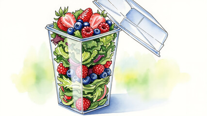 Takeaway salad with berries in clear container on white background  