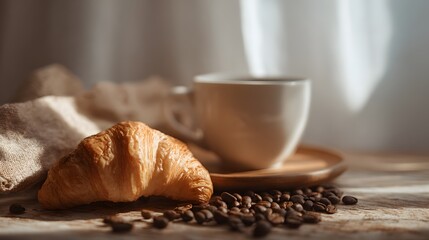 Warm morning light illuminates freshly baked pastry and dark roasted coffee beans