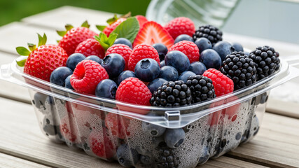 Fresh takeaway salad with berries in a sealed container on table  