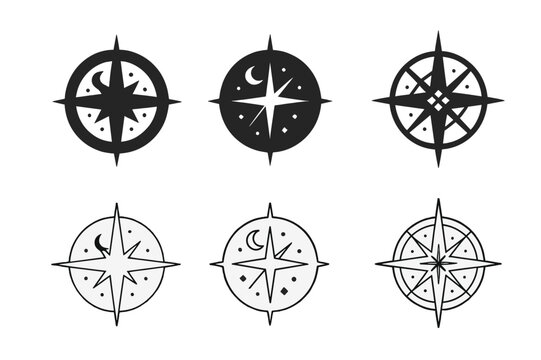 Celestial Icons Collection. Destiny and fate. Icon set. Set Logo of destiny and fate: celestial compass. harmonious logo variations of the same emblematic