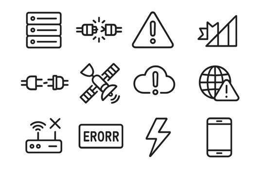 Network Failure Icons. Network failure. Line icon set of network failure: server, broken cable, warning triangle, no signal, plug disconnect, satellite, cloud