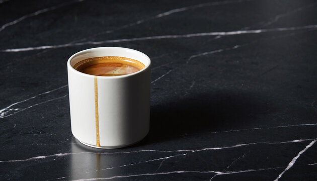 Minimalist espresso on a black marble surface.  The stark contrast evokes modern sophistication. Great for blog headers, food blogs, or cafe websites.