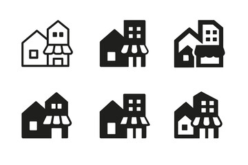 Fototapeta premium Mixed-Use Neighborhood Icons. Mixed-use neighborhoods. Icon set. Set Logo of mixed-use neighborhoods: overlapping icons of home, shop, and office building.