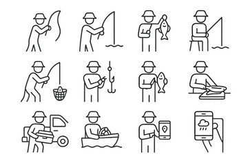 Fototapeta premium Fishing Icon Set. Fishing activity. Line icon set of fishing activity: casting line, reeling in, holding fish, waiting, netting fish, baiting hook, unhooking,