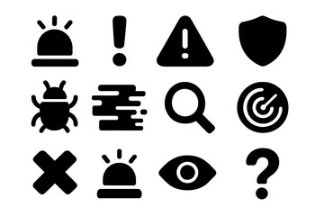 Alert Icons Grid. System Alert. Solid icon set of alarm, exclamation mark, warning triangle, shield, bug, glitch, magnifying glass, radar, cross mark, warning