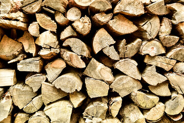 A pile of wood logs stacked on top of each other. The logs are brown and have a rough texture