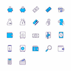Collection of finance and money related icons in a simple line art style