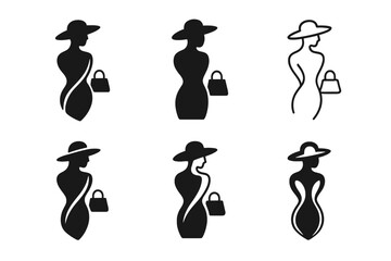 Luxury Fashion Icons. Fashion & Luxury. Icon set. Set Logo of couture identity: abstract model with luxury accessory. harmonious logo variations of the same