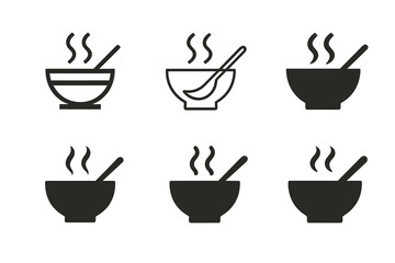 Diverse Food Logos. Need for food. Icon set. Set Logo of Need for food: steaming soup bowl with spoon. harmonious logo variations of the same emblematic