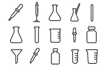 Lab Tool Icons. Lab measurement tools. Line icon set of lab measurement tools: pipette, burette, volumetric flask, graduated cylinder, Erlenmeyer flask, test