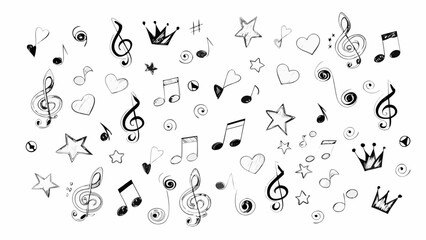 Hand drawn musical notes hearts stars and crowns doodle pattern