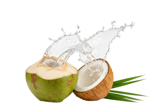 ultra-detailed macro photograph of a bisected young green coconut with vibrant white flesh, isolated on infinite white background, capturing an explosive splash of water and suspended droplets,