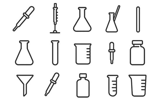 Lab Tool Icons. Lab measurement tools. Line icon set of lab measurement tools: pipette, burette, volumetric flask, graduated cylinder, Erlenmeyer flask, test