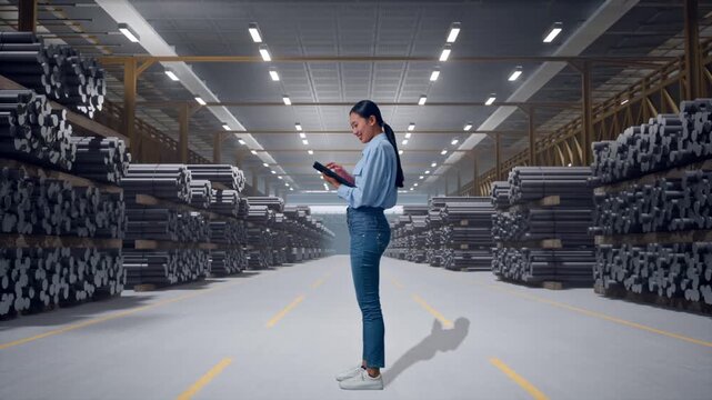 Full Body Side View Of Asian Female With Her Tablet at Warehouse Storage of Rolled Steel Metal Bars, Rods or Billets, Working Continuously With Her Tablet