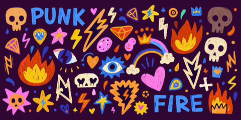 A vibrant colorful illustration with punk themed doodles and energetic imagery