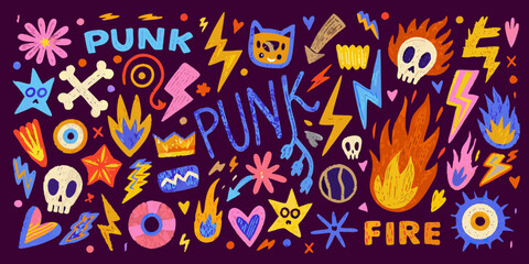 A vibrant illustration of punk rock imagery with skulls fire and lightning
