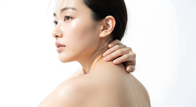 Closeup portrait of a young woman with clear, glowing skin touching her neck against a bright white background