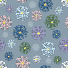 Seamless floral pattern with decorative hand drawn flowers in pastel colors on blue background. Repeating texture for fabric, kids wear, stationery, home decor and packaging design.