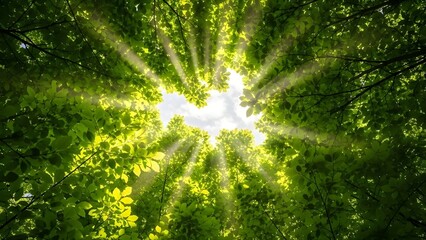 Fototapeta premium Árboles en el bosque desde abajo, copas verdes de los árboles, fondo de cielo azul
