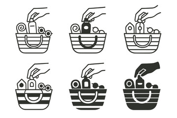 Fototapeta premium Beach Bag Logos. Packing a beach bag. Icon set. Set Logo of packing a beach bag: hand placing items into striped beach bag. harmonious logo variations of the