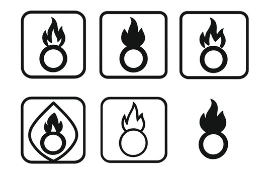 Oxidizer Warning Icon Set. Chemical safety labels. Icon set. Set Logo of hazard communication: oxidizer warning flame over circle. harmonious logo variations