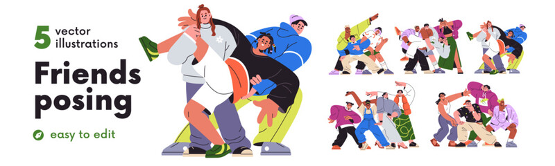 Happy friends posing together for portrait photo set. Groups, teams of cheerful young people smiling and laughing with fun. Friendship concept. Flat vector illustration isolated on white background.