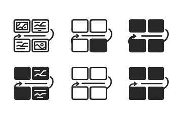 Storytelling Icons Collection. storytelling practices. Icon set. Set Logo of storytelling practices: storyboard panels with sequence arrows. harmonious logo