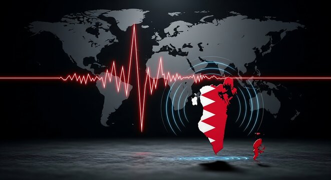 Bahrain earthquake disaster concept with seismograph line and map, showing seismic activity and potential danger in the Middle East for news and awareness