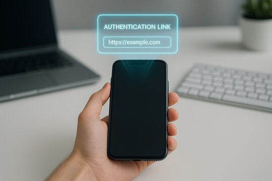 Hand Holding Smartphone with Glowing Authentication Link for Online Security - Powered by Adobe