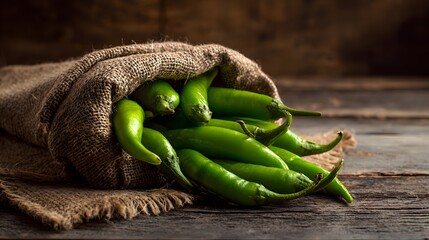 Freshly harvested green chili peppers spilling from a burlap sack onto a rustic wooden surface