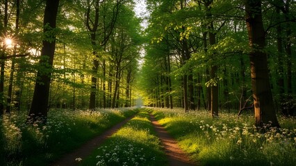 Obraz premium Camino a través del bosque con ajos silvestres en flor (Allium ursinum). Stochemhoeve, Leiden, Países Bajos. Pintoresca escena panorámica de primavera. Destinos de viaje, ecoturismo, ecología, natu