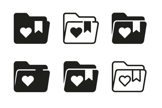 Saved Post Folder Icons. Saved post folder mockup. Icon set. Set Logo of saved post folder mockup: digital file folder with bookmark and heart icon. harmonious