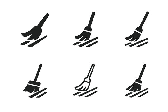 Tidy Environment Logos. Sweeping the Floor. Icon set. Set Logo of tidy environment: broom crossing clean floor lines. harmonious logo variations of the same
