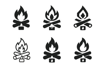 Fireplace Lighting Icons. Lighting the fireplace. Icon set. Set Logo of Lighting the fireplace: firestarter cube under logs. harmonious logo variations of the