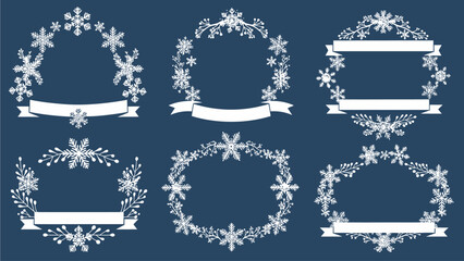 Set of decorative winter snowflake frames and borders with ribbons for holiday design elements and invitations