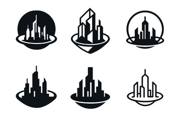 Fototapeta premium Orbital Colony Icons. Futuristic Urban Landscapes. Icon set. Set Logo of orbital colony: futuristic city in space habitat. harmonious logo variations of the