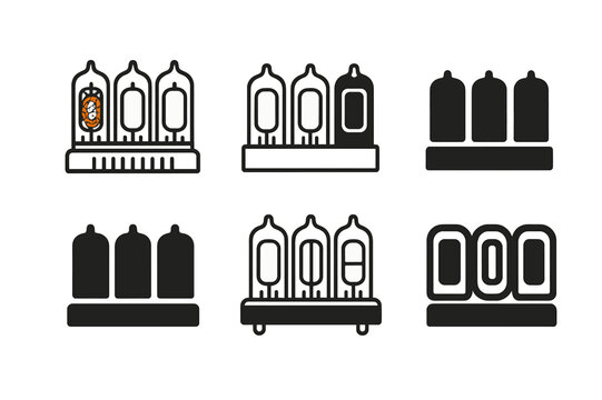 Vintage Electronics Icons. Decorating with vintage electronics. Icon set. Set Logo of Decorating with vintage electronics: Nixie tube clock digits. harmonious