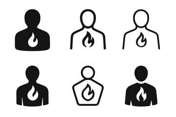 Self-Motivation Icon Set. Self-motivation. Icon set. Set Logo of self-motivation: human silhouette with inner flame symbolizing drive and purpose. harmonious