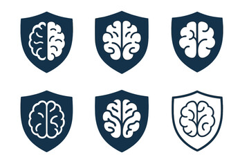 Fototapeta premium Mental Wellness Logos. Mental wellness at work. Icon set. Set Logo of Mental wellness at work: resilience shield with brain. harmonious logo variations of the