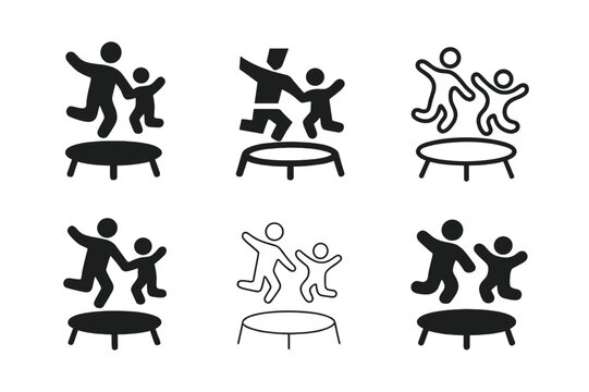 Trampoline Joy Logos. Jumping on a trampoline in a backyard. Icon set. Set Logo of outdoor fun: parent and child jumping together. harmonious logo variations