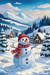 Obraz premium Friendly snowman with red scarf and hat in snowy mountain village setting
