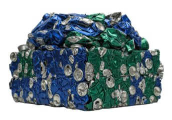 massive, ultra close-up heap of deeply crushed blue, green, and silver metallic containers showing sharp edges and reflections on a sterile white background. concept of resource recovery and