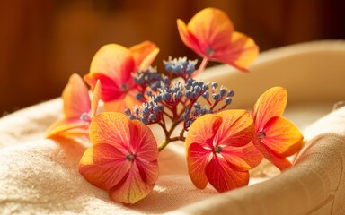Close up of orange and pink hydrangea flowers with small blue flowers on a white cloth surface