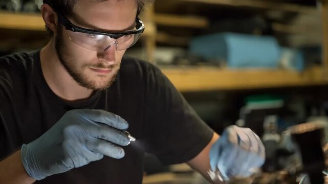 Technician testing thermal conductivity properties of resin in lighting fixture components to prevent overheating and extend product lifespan.