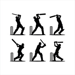 Cricket player silhouette batting poses isolated on white background